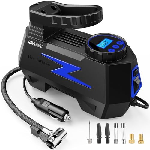 Blue portable 12V DC car tire inflator