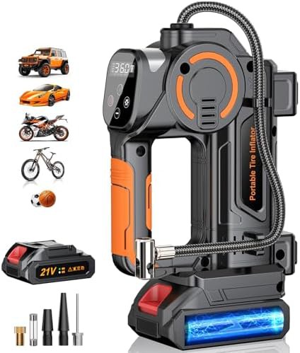 Orange Portable Air Compressor with LED Flashlight